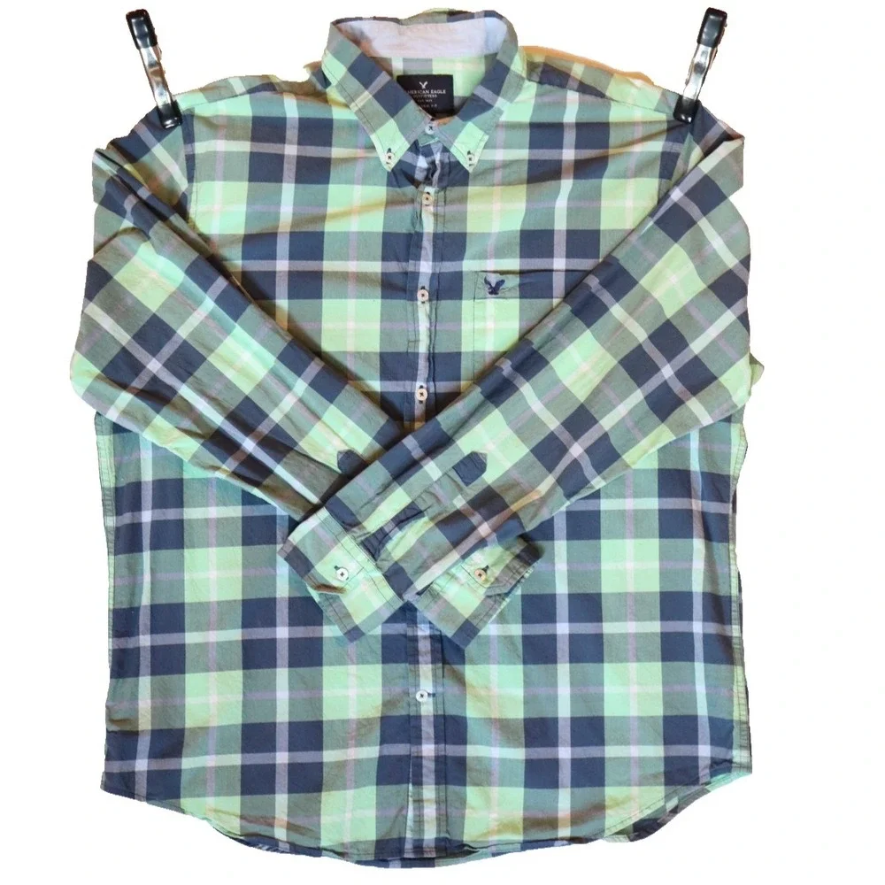 American Eagle Mens XL Classic Fit Long Sleeve Plaid Button Down Shirt Green - Picture 1 of 8